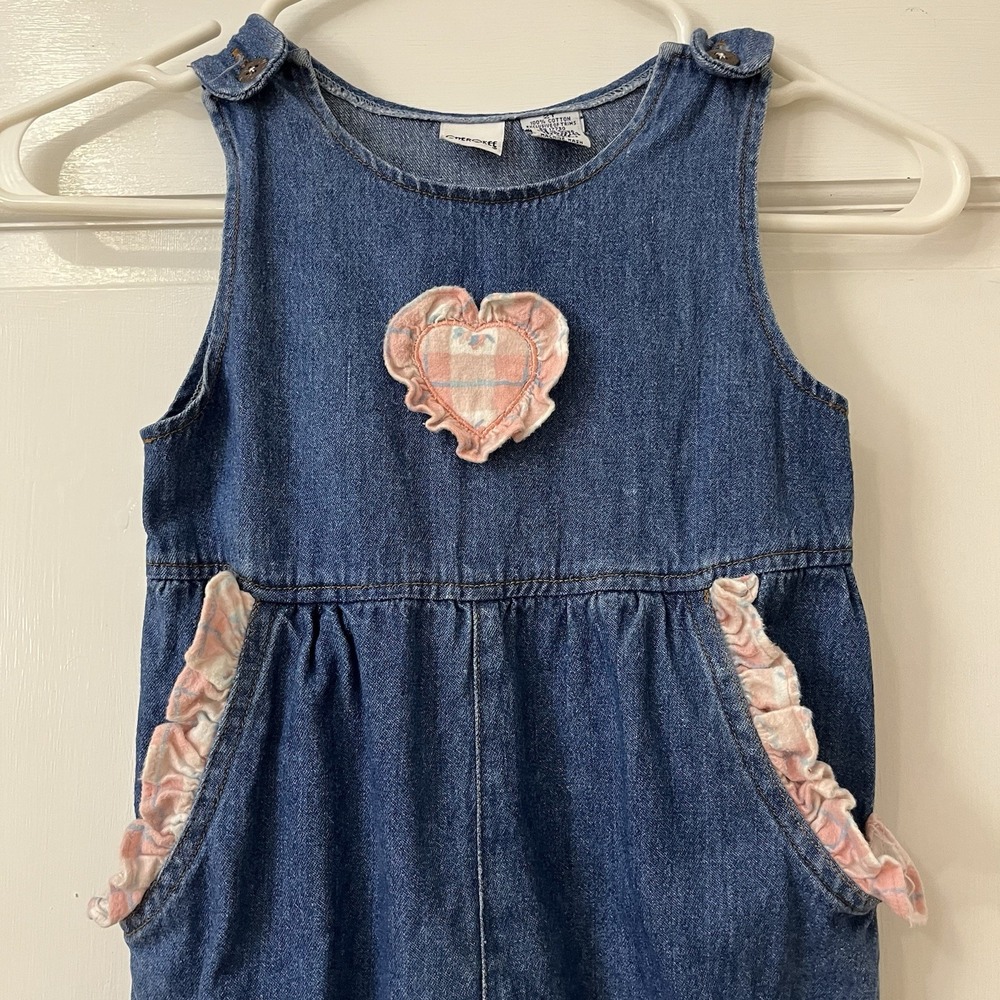 VTG Cherokee baby playwear Denim Romper Overalls‎ 2T Heart Applique Ruffle Trim
